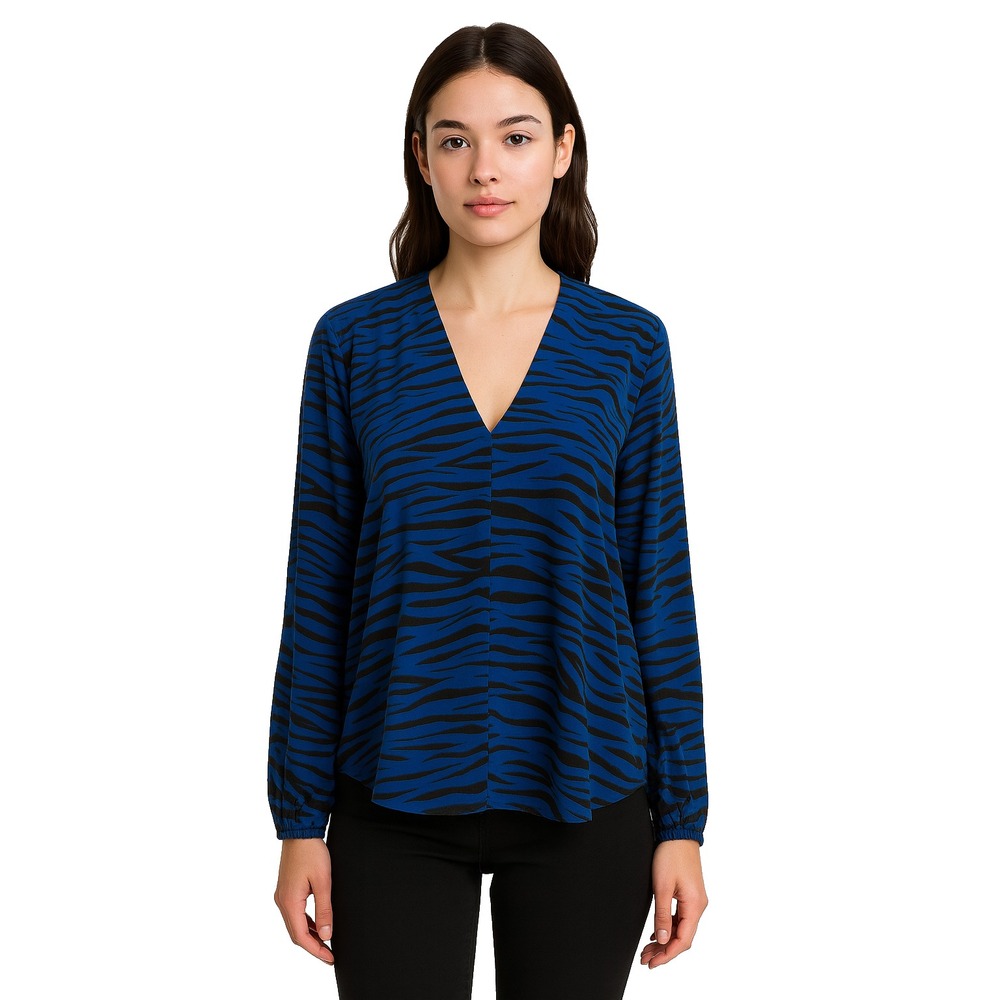 A.L.C.  Womens‎ Silk Shirt  V Neck Blue Black Zebra Print Blouse Career  Sz 8